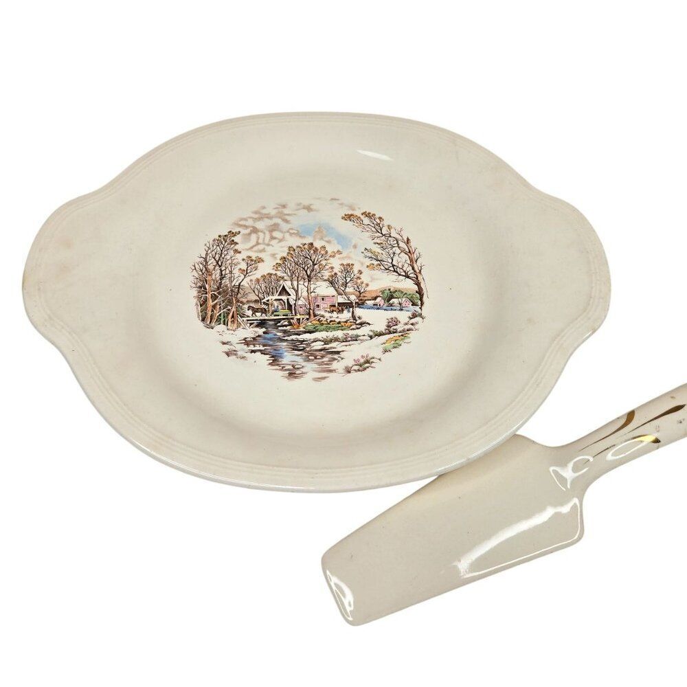 Vintage Ceramic Pie Cake Plate Serving Knife Scenic Countryside Design Knowles